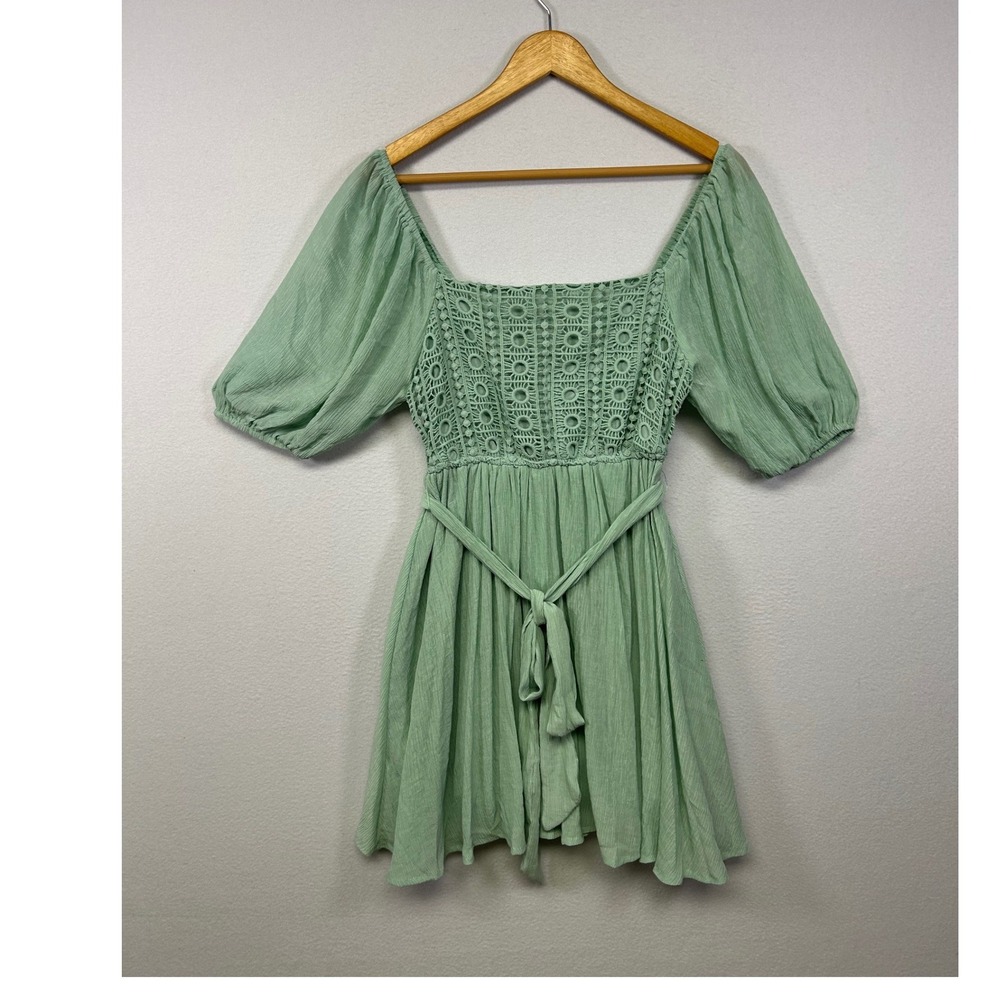 Cottagecore Boho Lovecolette Womens Sm Sage Green Crochet Lace Puff Sleeve Dress